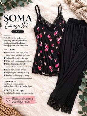 Soma XL Sexy Heart Lace Cami & Lounge Pants Set Soft Pajamas